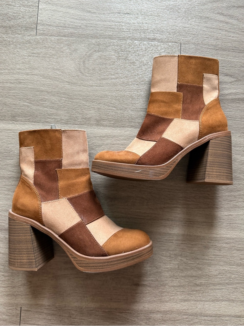 Universal Thread Patchwork Suede Block Heel Ankle Boots - Tan/Brown